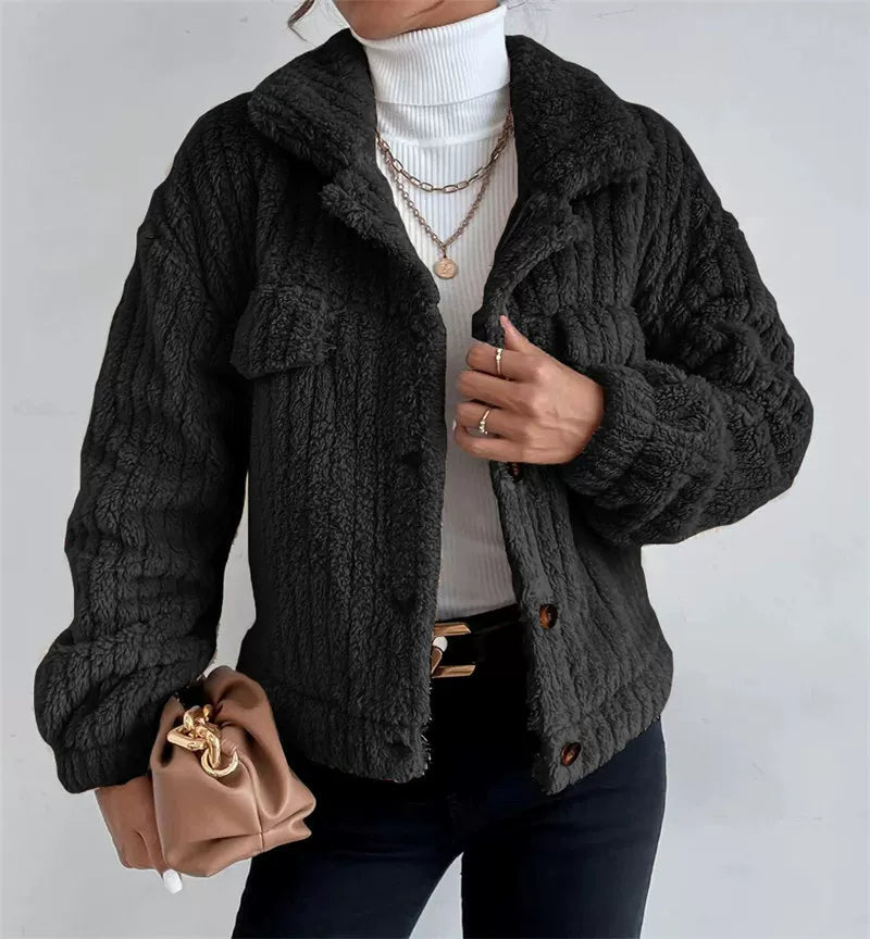 Women's Textured Cropped Jacket with Button Closure - 3 - Rokvane