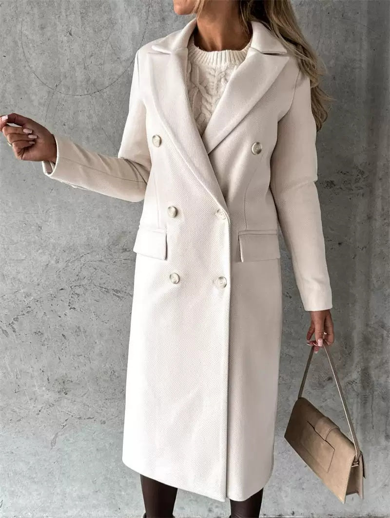Double-Breasted Women's Coat in Cream | Elegant Tailored Fit - 2 - Rokvane