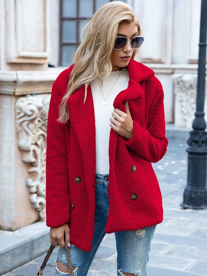 Women's Casual Jacket in Soft Fleece Look with Double Breasted Design - 4 - Rokvane
