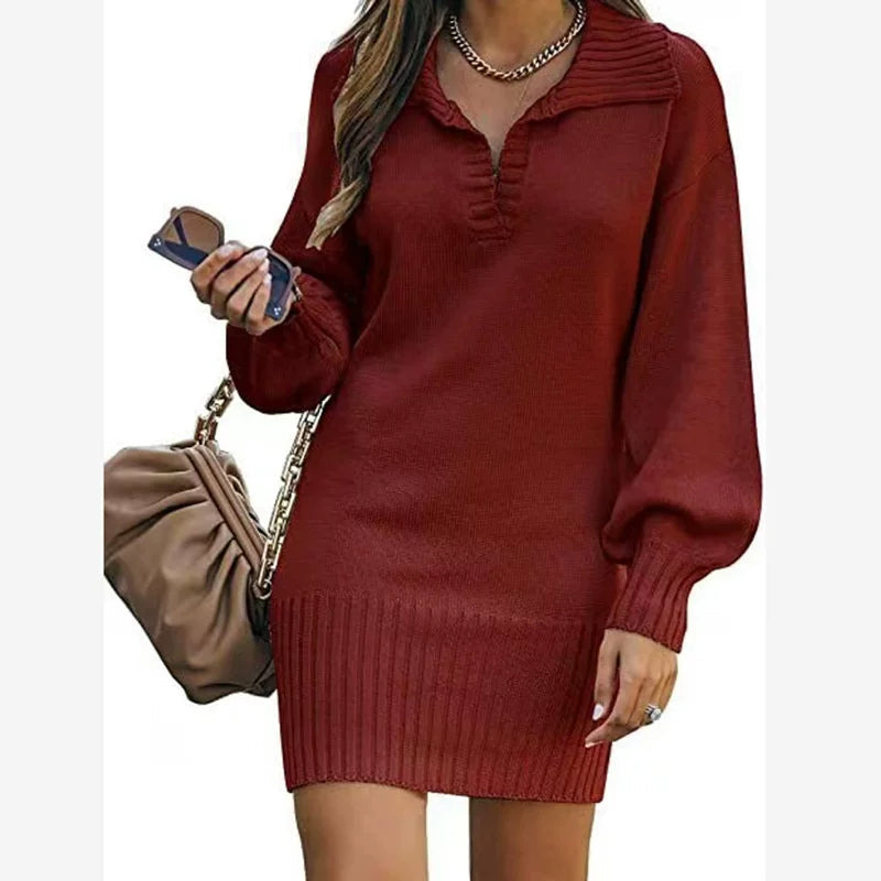 Knitted Mini Dress Women's Long Sleeve with Ribbed Hem - 5 - Rokvane