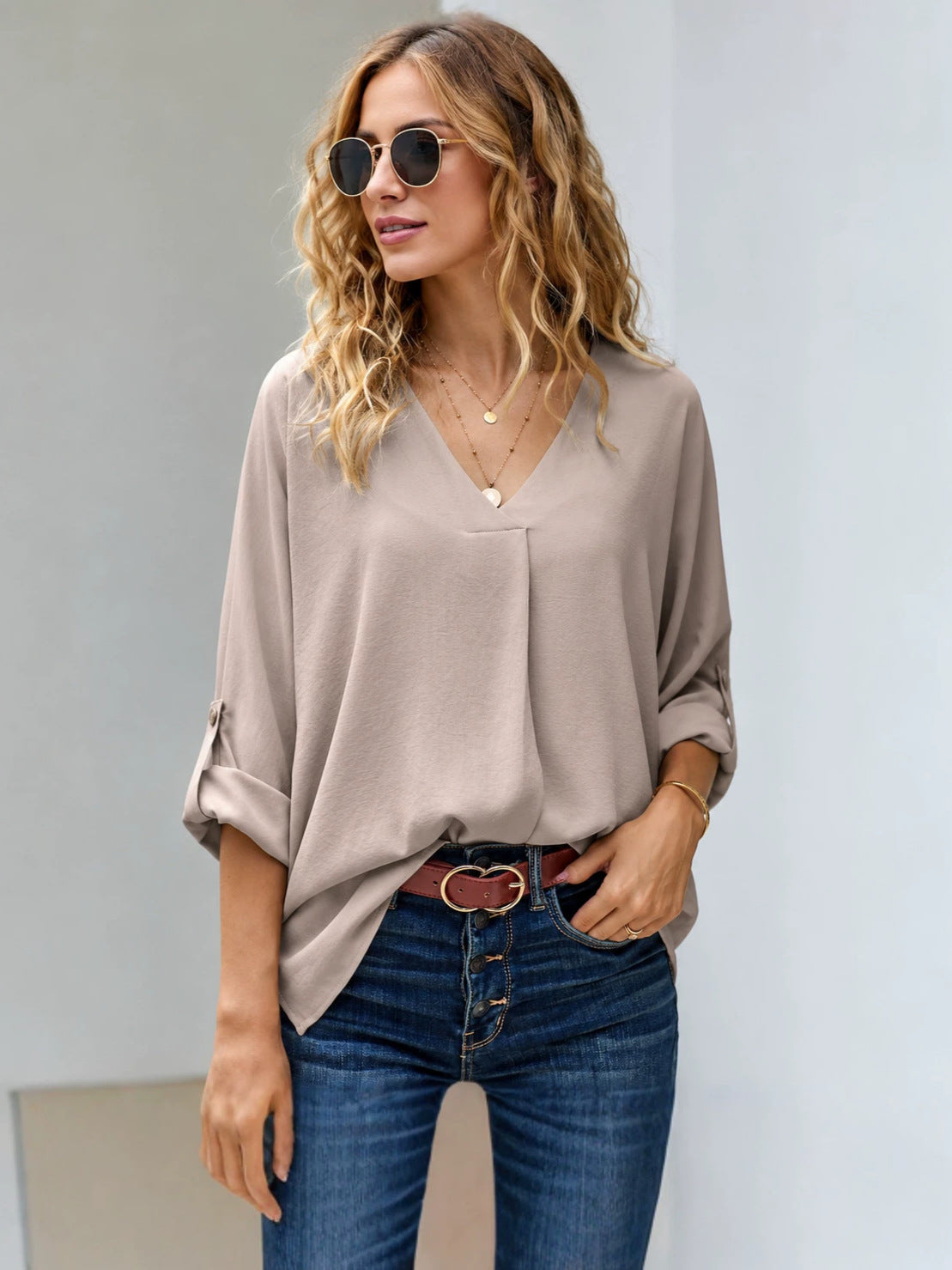 Bluse Damen mit V-Ausschnitt und lässigem Schnitt - J&B - 2 - Jasminaboutique.com