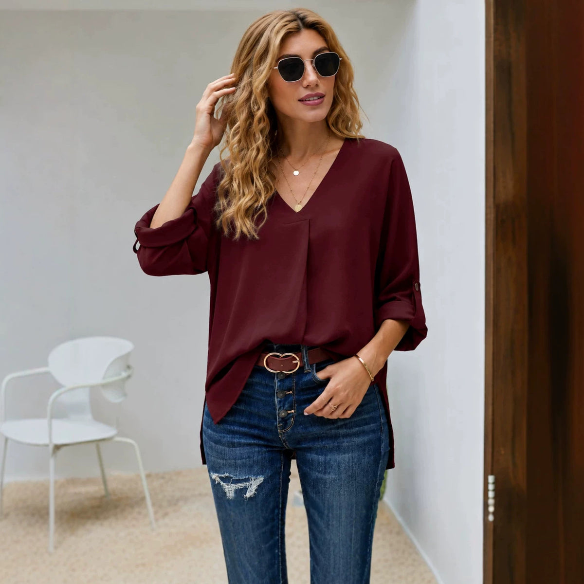 Bluse Damen mit V-Ausschnitt und lässigem Schnitt - J&B - 3 - Jasminaboutique.com