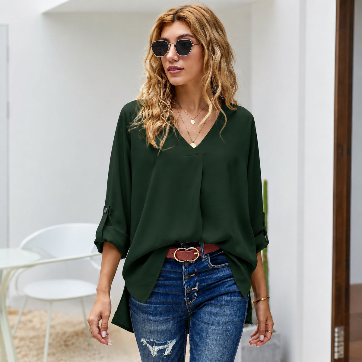 Bluse Damen mit V-Ausschnitt und lässigem Schnitt - J&B - 4 - Jasminaboutique.com
