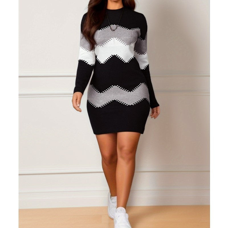 Kleid Damen mit langen Ärmeln und Zickzackmuster - J&B - 7 - Jasminaboutique.com