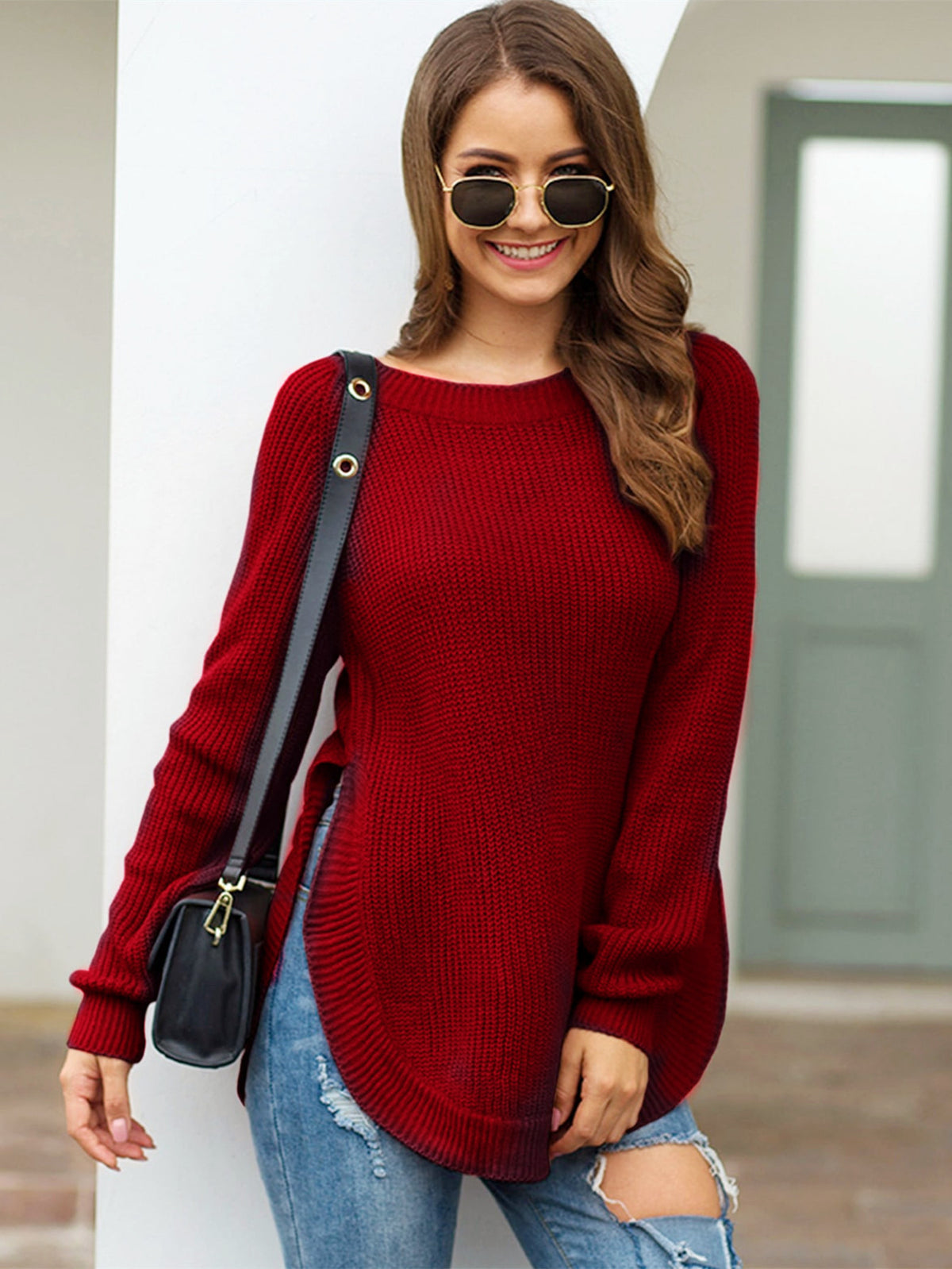 Pullover Damen mit seitlichem Schlitz und Rundhalsausschnitt - J&B - 6 - Jasminaboutique.com