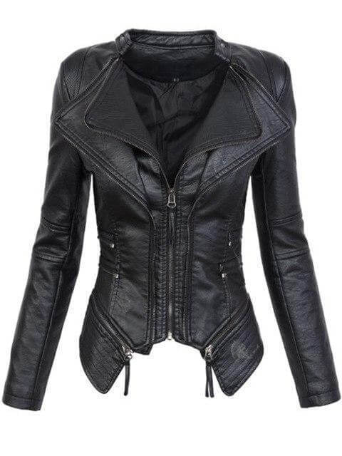 Bikerjacke Damen mit asymmetrischem Reißverschluss und Stehkragen - J&B - 1 - Jasminaboutique.com