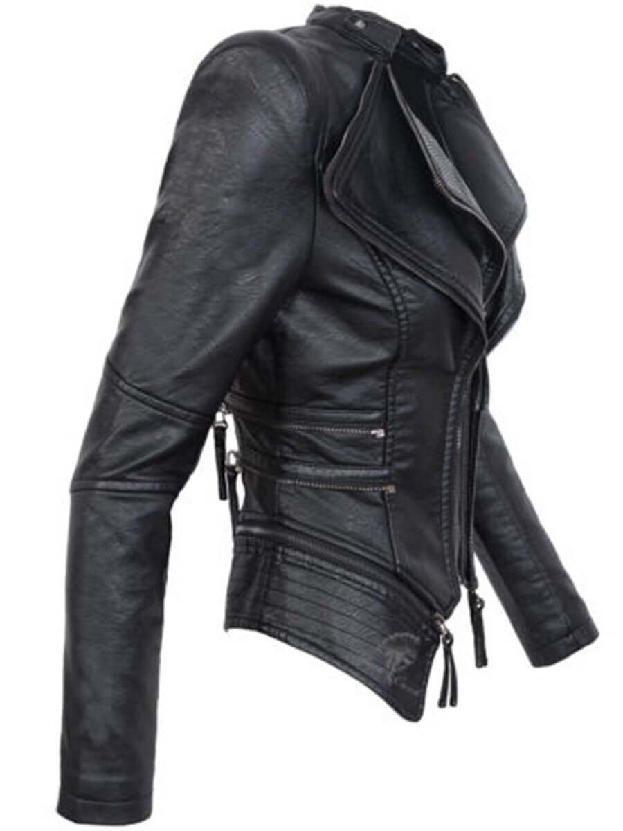 Bikerjacke Damen mit asymmetrischem Reißverschluss und Stehkragen - J&B - 2 - Jasminaboutique.com