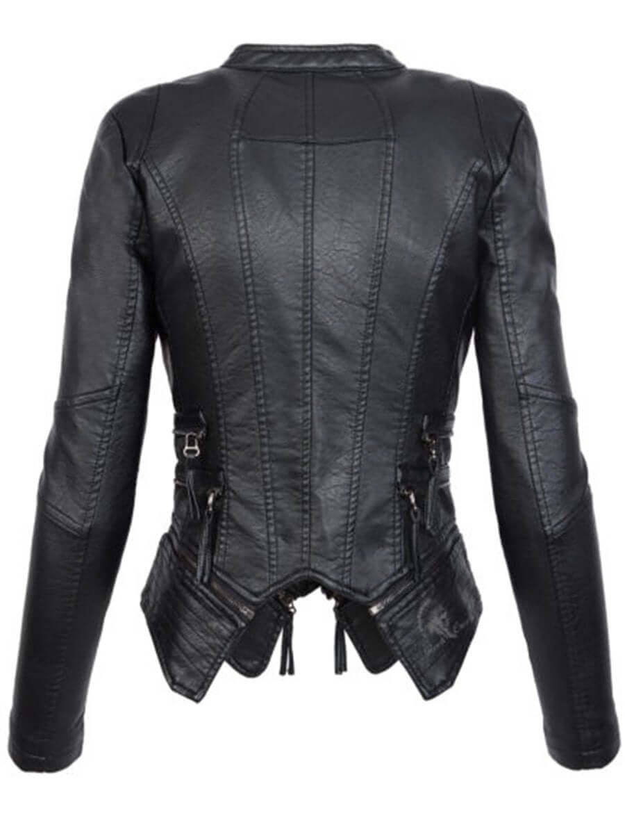 Bikerjacke Damen mit asymmetrischem Reißverschluss und Stehkragen - J&B - 3 - Jasminaboutique.com