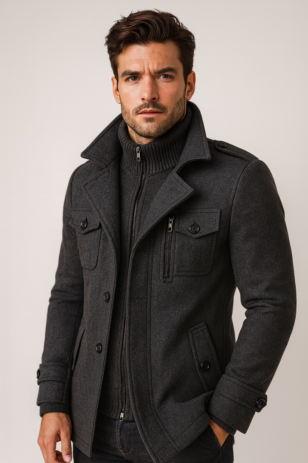 Herren Wintermantel mit strukturiertem Schnitt und Schulterepauletten - J&B - 9 - Jasminaboutique.com