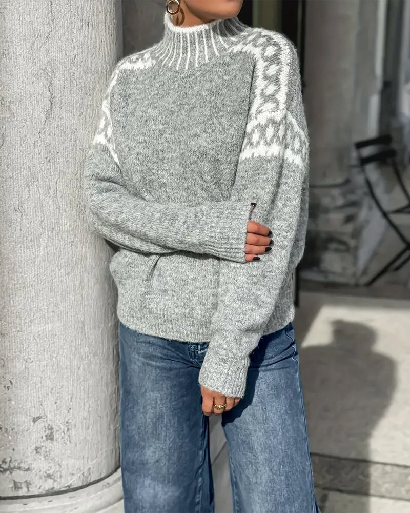 Pullover Damen mit Stehkragen und trendigem Muster - J&B - 5 - Jasminaboutique.com