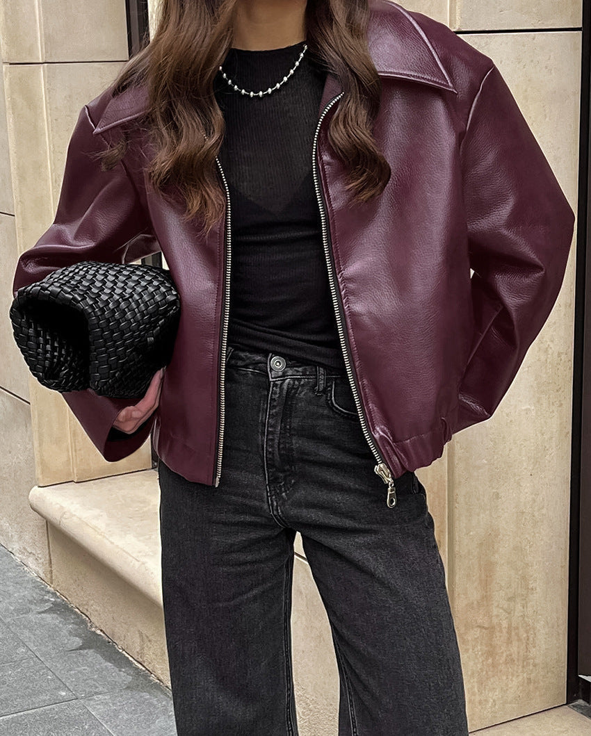 Cropped Lederjacke Damen mit Reißverschluss und Oversized Schnitt - J&B - 1 - Jasminaboutique.com