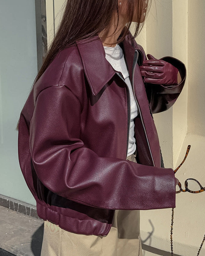 Cropped Lederjacke Damen mit Reißverschluss und Oversized Schnitt - J&B - 3 - Jasminaboutique.com