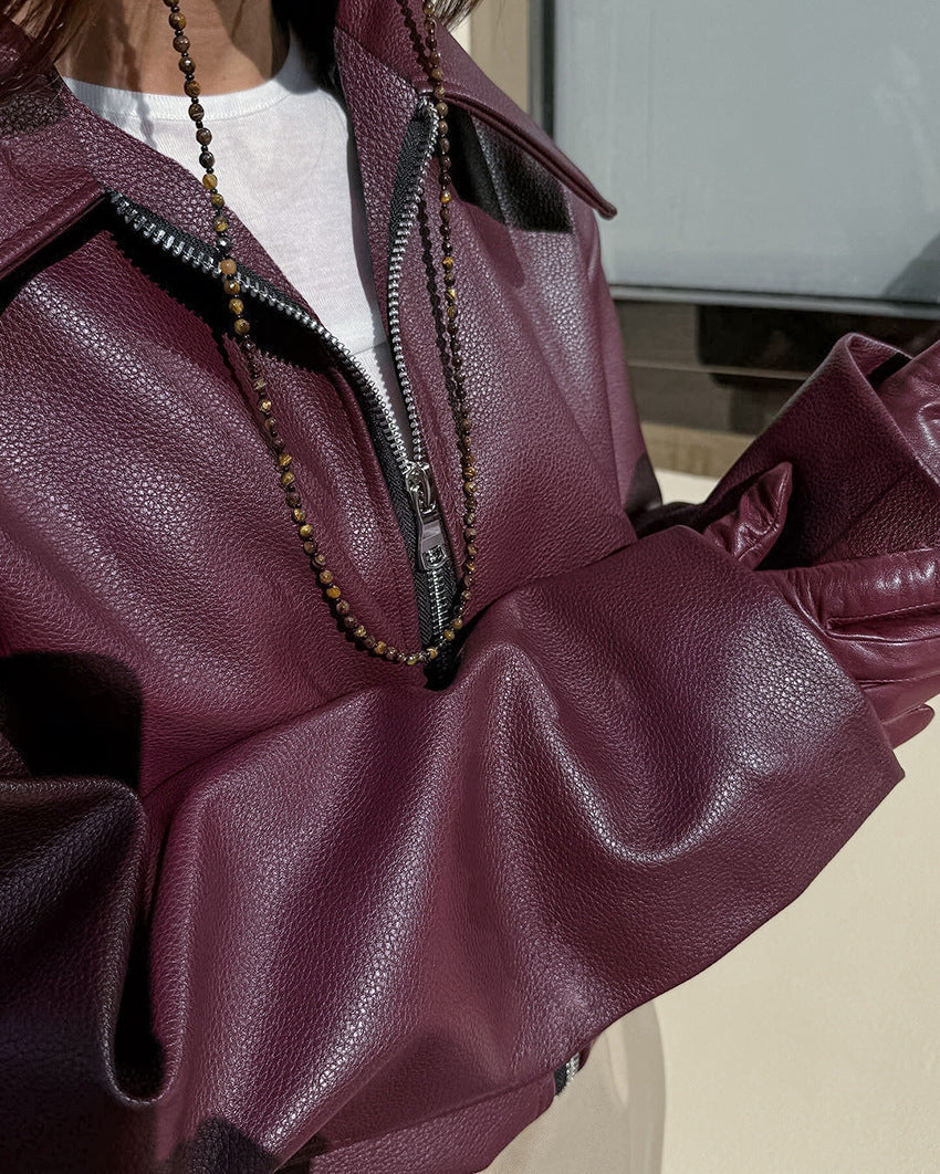 Cropped Lederjacke Damen mit Reißverschluss und Oversized Schnitt - J&B - 5 - Jasminaboutique.com
