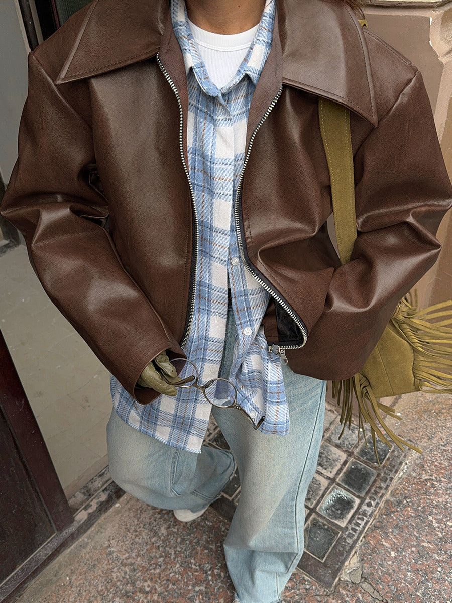 Cropped Lederjacke Damen mit Reißverschluss und Oversized Schnitt - J&B - 9 - Jasminaboutique.com