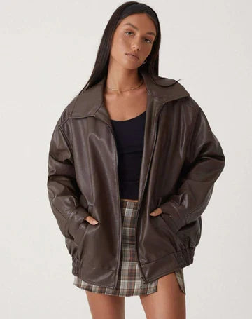 Lederjacke Damen mit lässigem Schnitt und weitem Kragen - J&B - 10 - Jasminaboutique.com