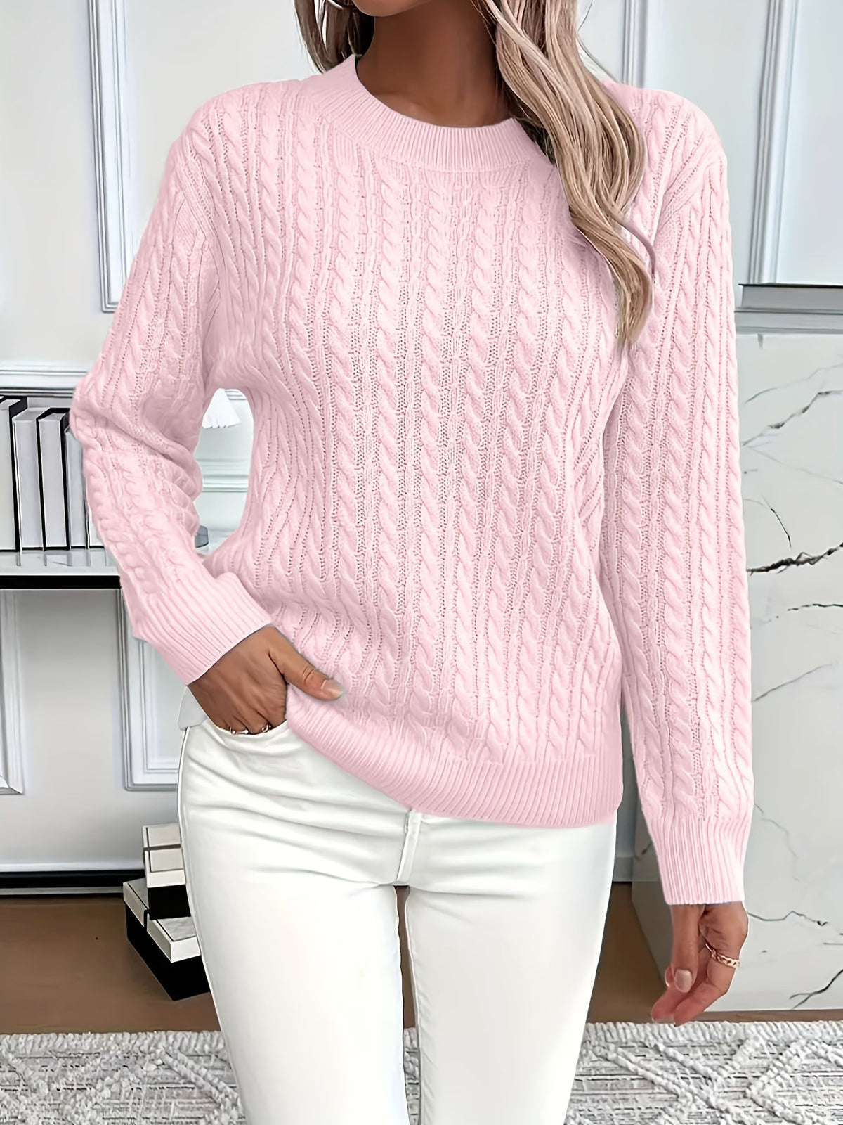 Pullover Damen mit Rundhalsausschnitt und Kabelstrickdesign - J&B - 6 - Jasminaboutique.com