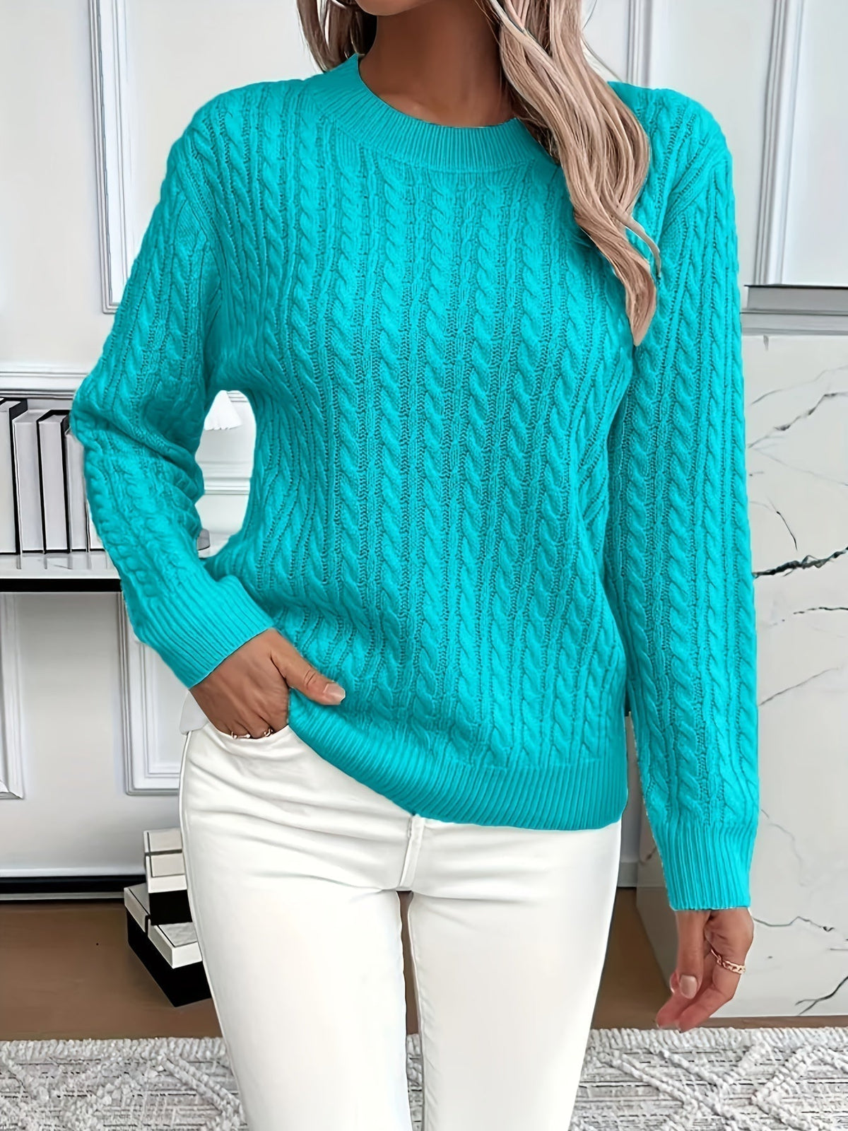 Pullover Damen mit Rundhalsausschnitt und Kabelstrickdesign - J&B - 7 - Jasminaboutique.com