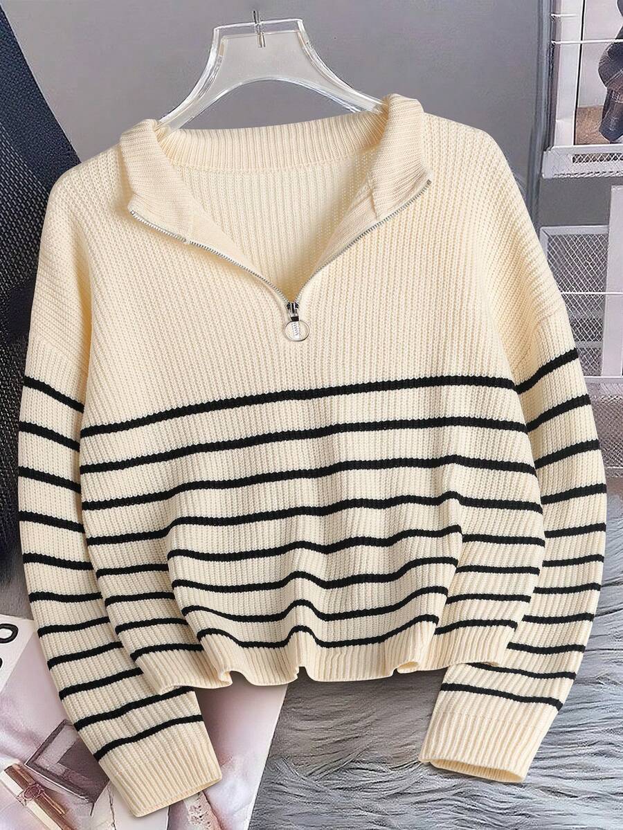 Pullover Damen mit halbem Reißverschluss und Streifen - J&B - 2 - Jasminaboutique.com