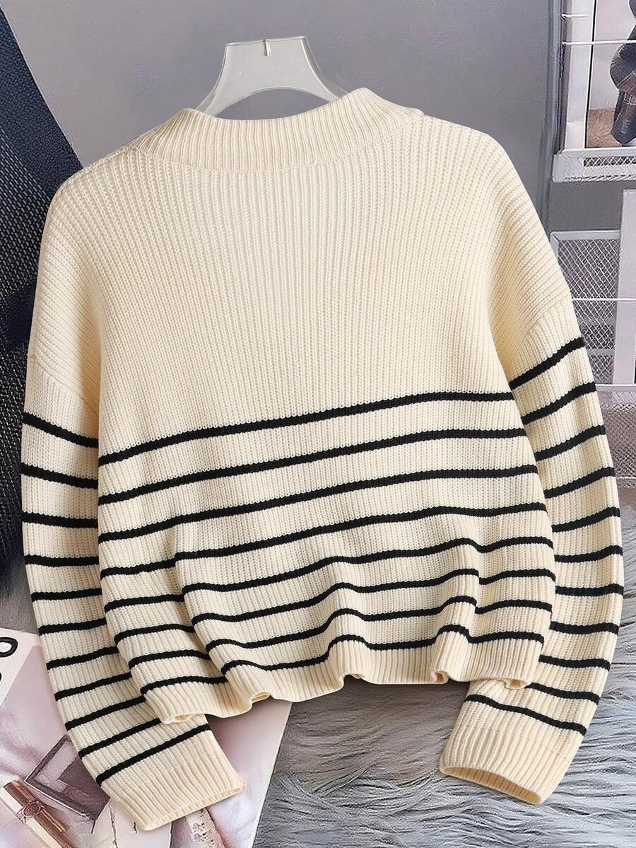 Pullover Damen mit halbem Reißverschluss und Streifen - J&B - 3 - Jasminaboutique.com