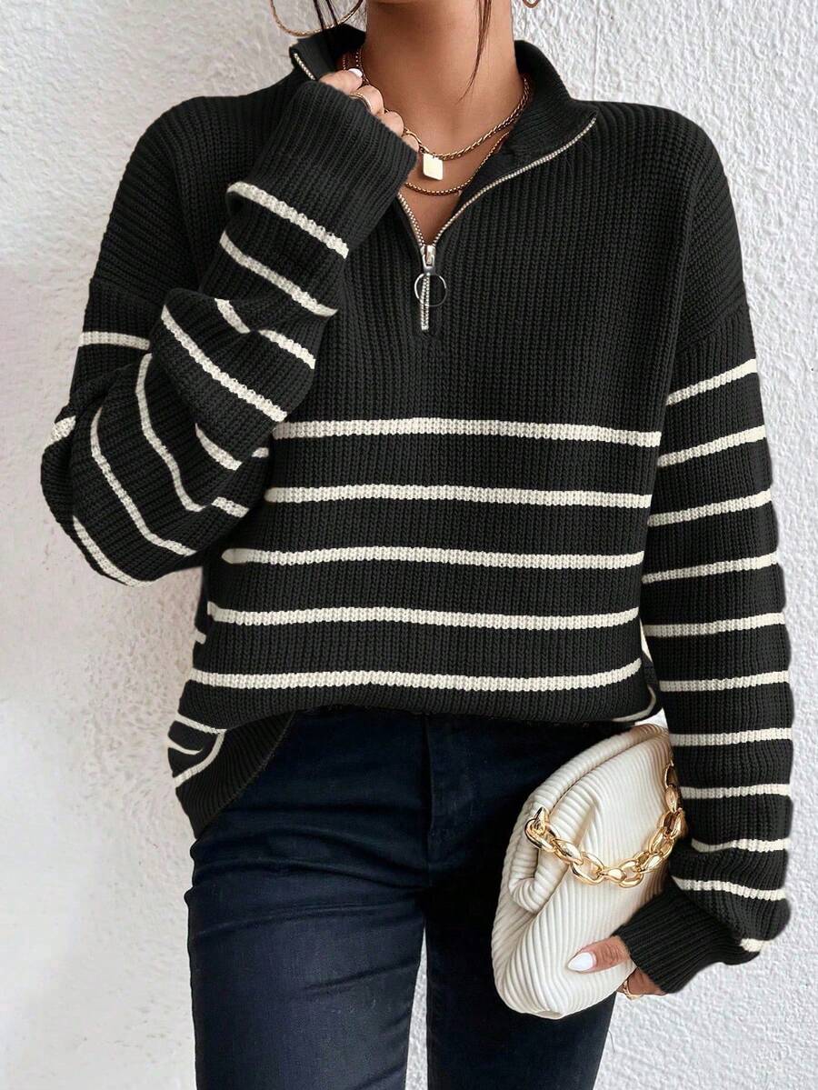 Pullover Damen mit halbem Reißverschluss und Streifen - J&B - 9 - Jasminaboutique.com