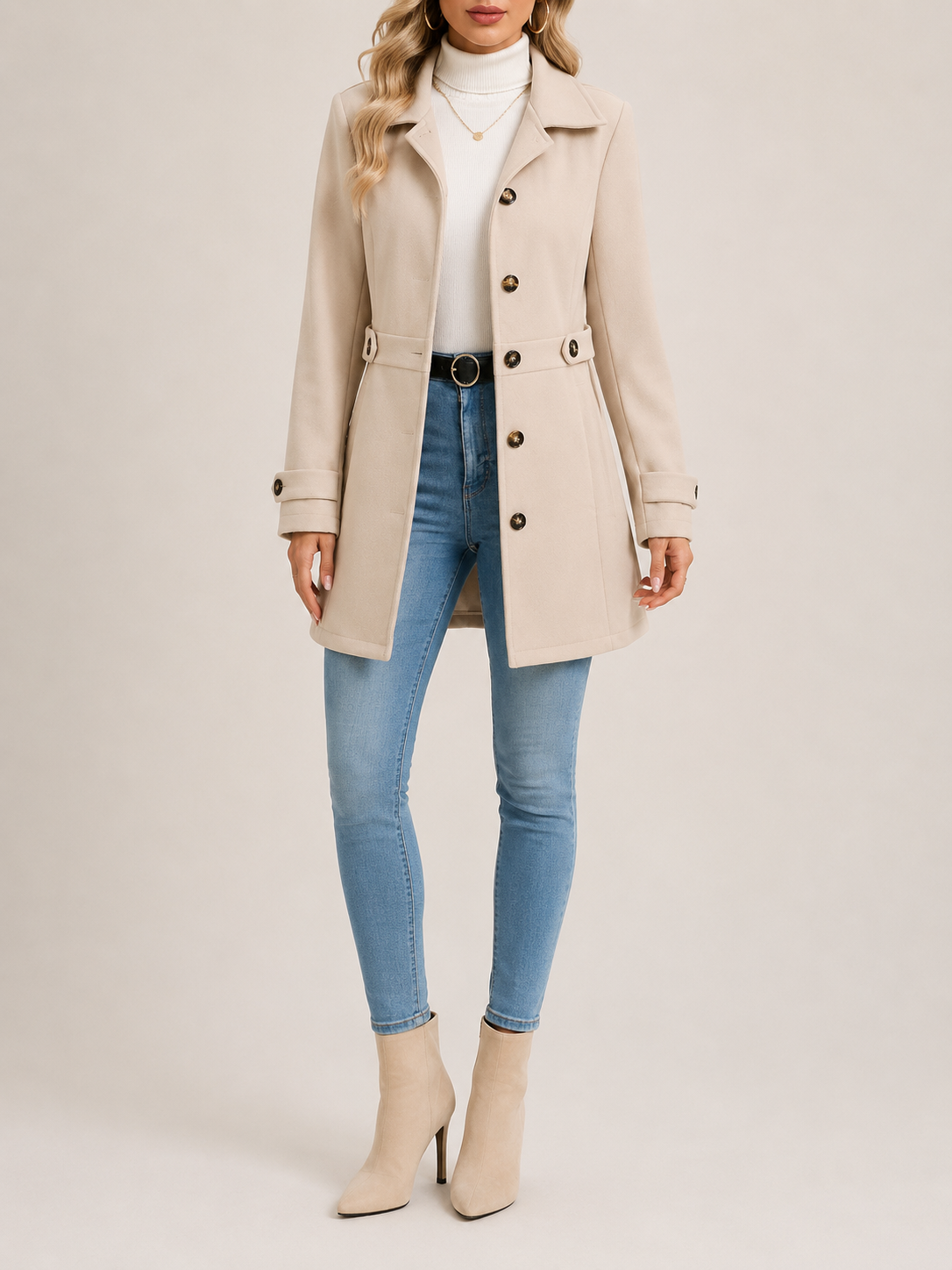 Trench Coat Damen mit taillierter Silhouette und Knopfleiste - J&B - 1 - Jasminaboutique.com
