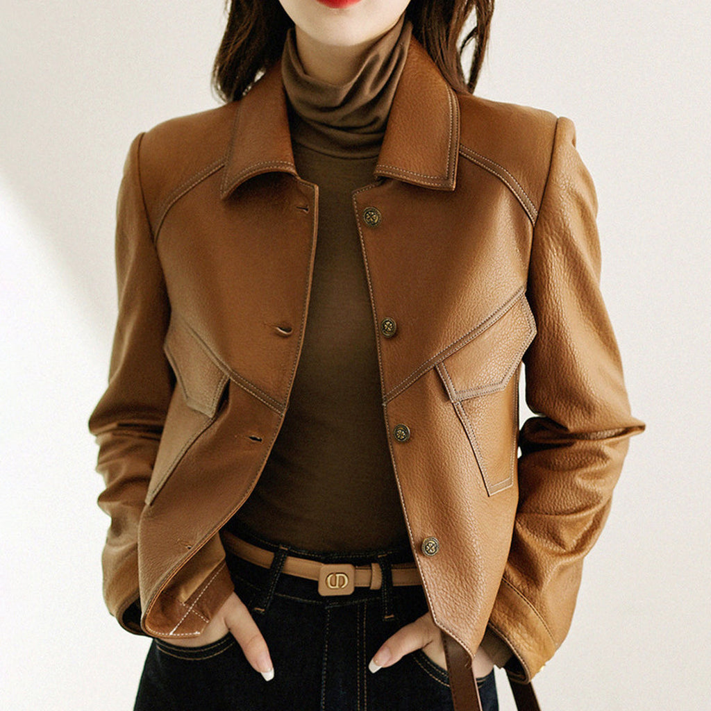 Lederjacke Damen mit strukturiertem Schnitt und besonderen Taschen - J&B - 3 - Jasminaboutique.com