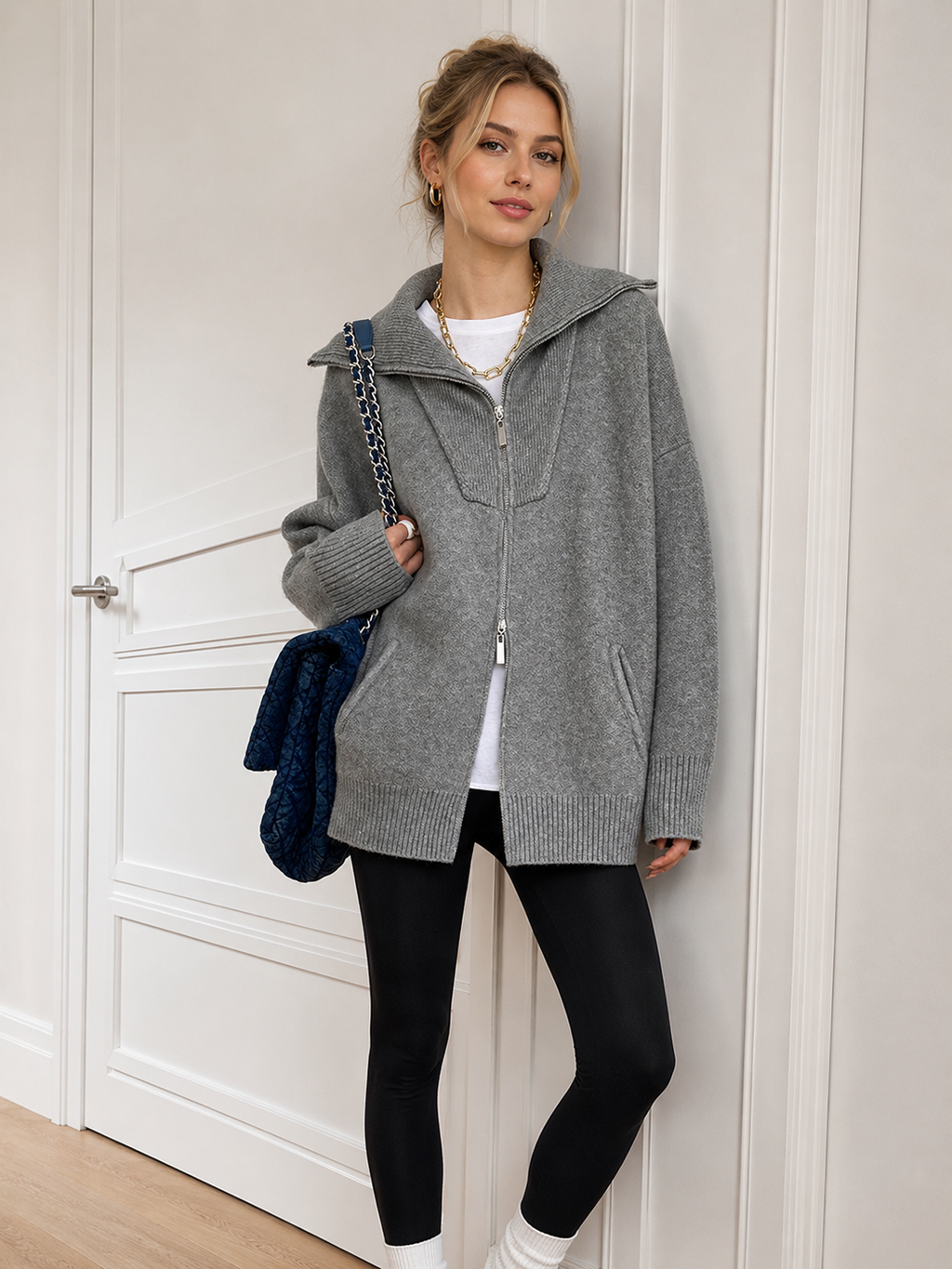 Cardigan Damen mit hohem Kragen und Reißverschluss - J&B - 2 - Jasminaboutique.com