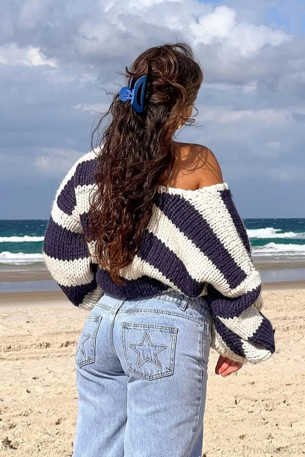 Pullover Damen Oversized mit Off-Shoulder Schnitt und Streifen - J&B - 2 - Jasminaboutique.com