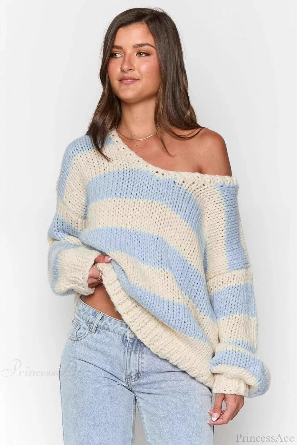 Pullover Damen Oversized mit Off-Shoulder Schnitt und Streifen - J&B - 7 - Jasminaboutique.com