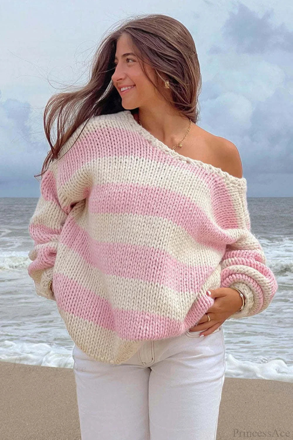 Pullover Damen Oversized mit Off-Shoulder Schnitt und Streifen - J&B - 10 - Jasminaboutique.com