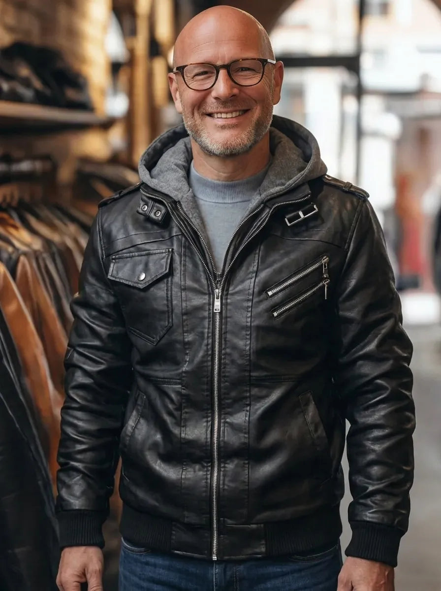 Lederjacke Herren mit Kapuze und Details - J&B - 1 - Jasminaboutique.com