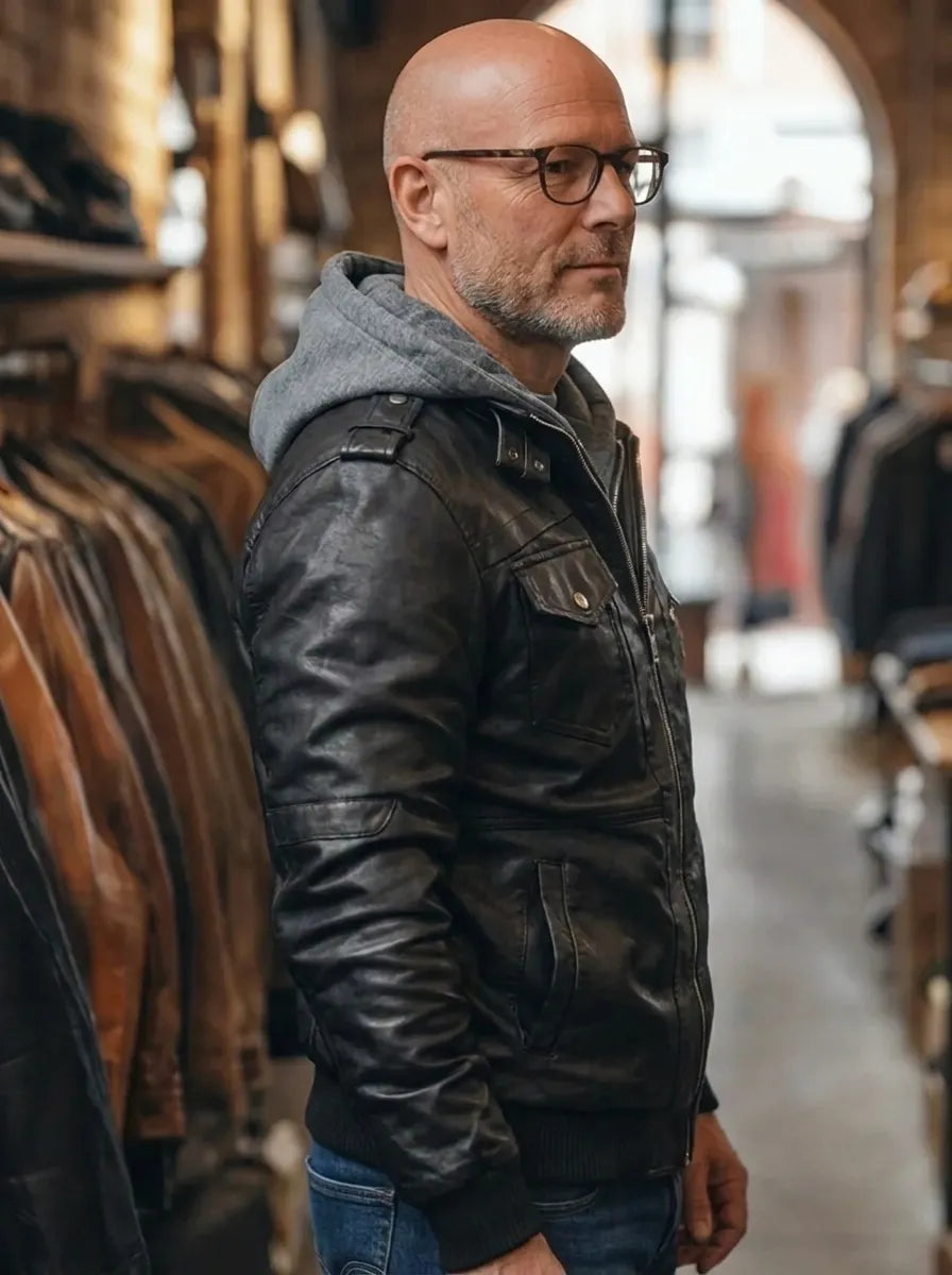 Lederjacke Herren mit Kapuze und Details - J&B - 2 - Jasminaboutique.com