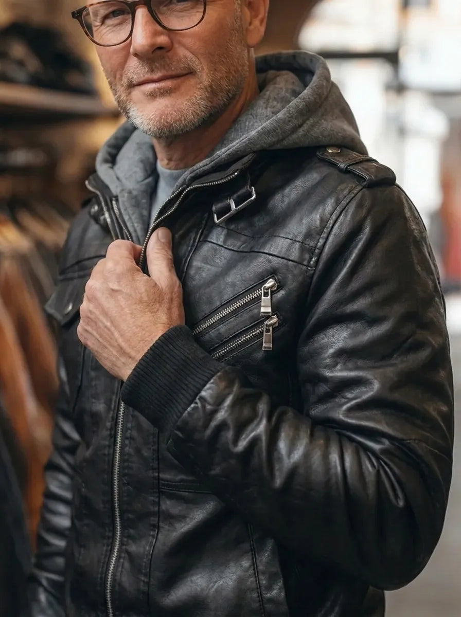 Lederjacke Herren mit Kapuze und Details - J&B - 3 - Jasminaboutique.com