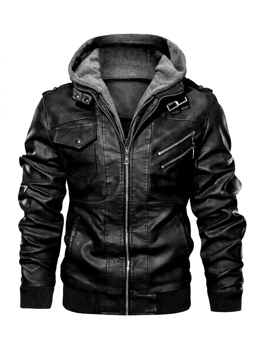 Lederjacke Herren mit Kapuze und Details - J&B - 4 - Jasminaboutique.com