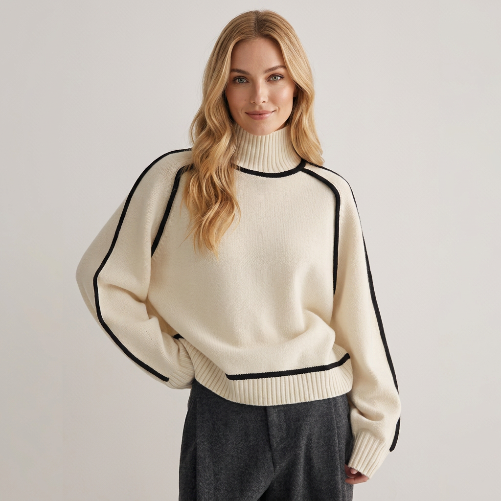 Pullover Damen mit Stehkragen und kontrastierenden Details - J&B - 1 - Jasminaboutique.com