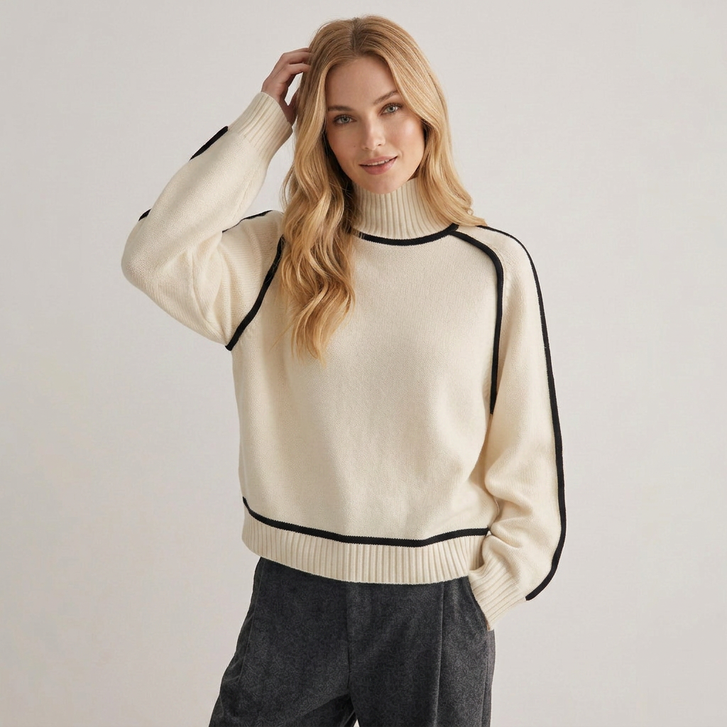 Pullover Damen mit Stehkragen und kontrastierenden Details - J&B - 2 - Jasminaboutique.com