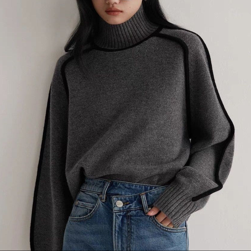 Pullover Damen mit Stehkragen und kontrastierenden Details - J&B - 3 - Jasminaboutique.com