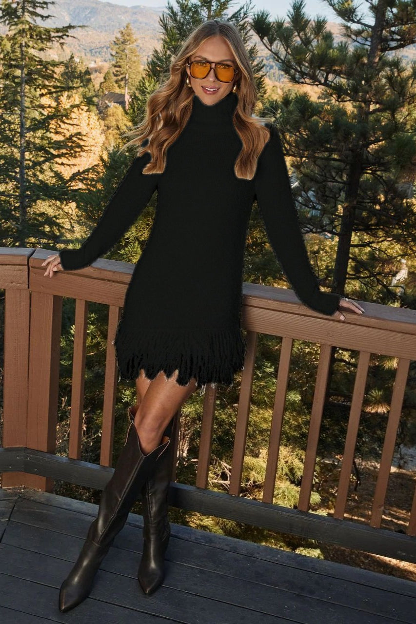Kleid Damen mit Turtleneck und Fransensaum - J&B - 5 - Jasminaboutique.com