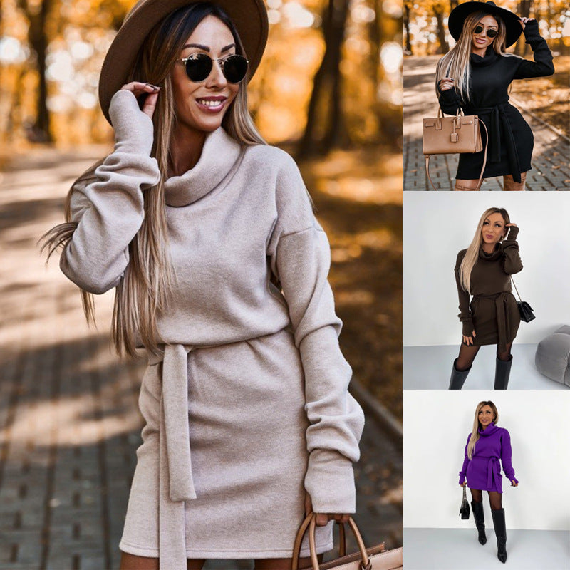 Kleid Damen mit hohem Kragen und Gürtel - J&B - 4 - Jasminaboutique.com
