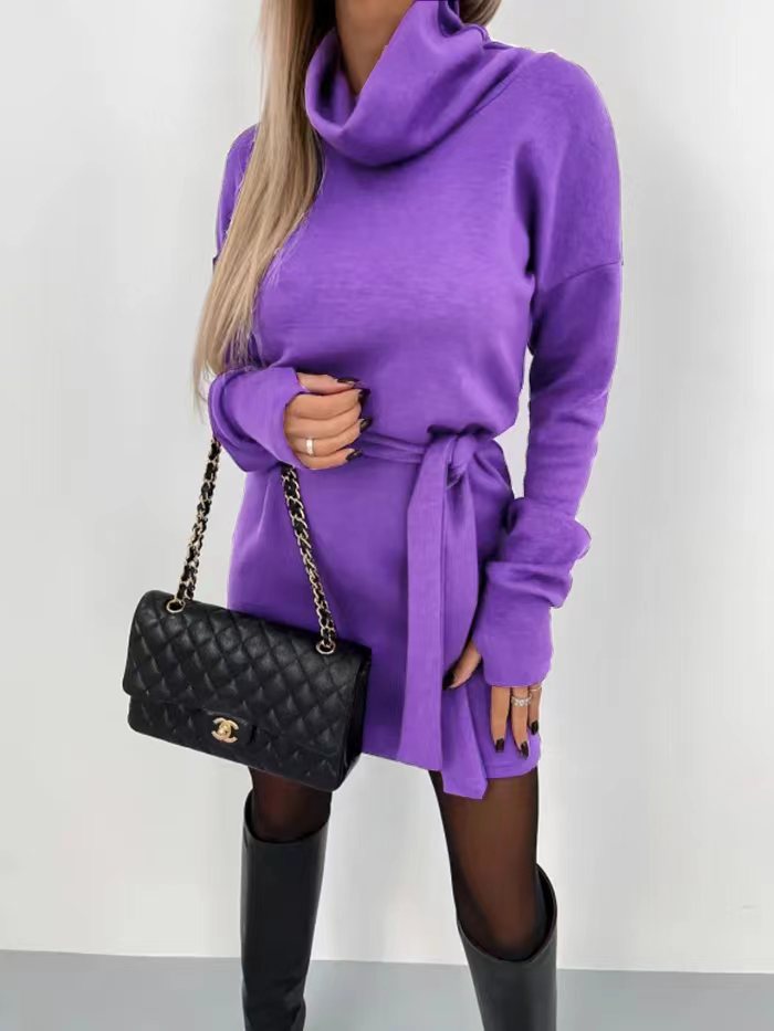 Kleid Damen mit hohem Kragen und Gürtel - J&B - 6 - Jasminaboutique.com