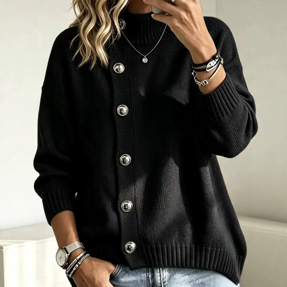Pullover Damen mit Stehkragen und Knopfdetails - J&B - 5 - Jasminaboutique.com