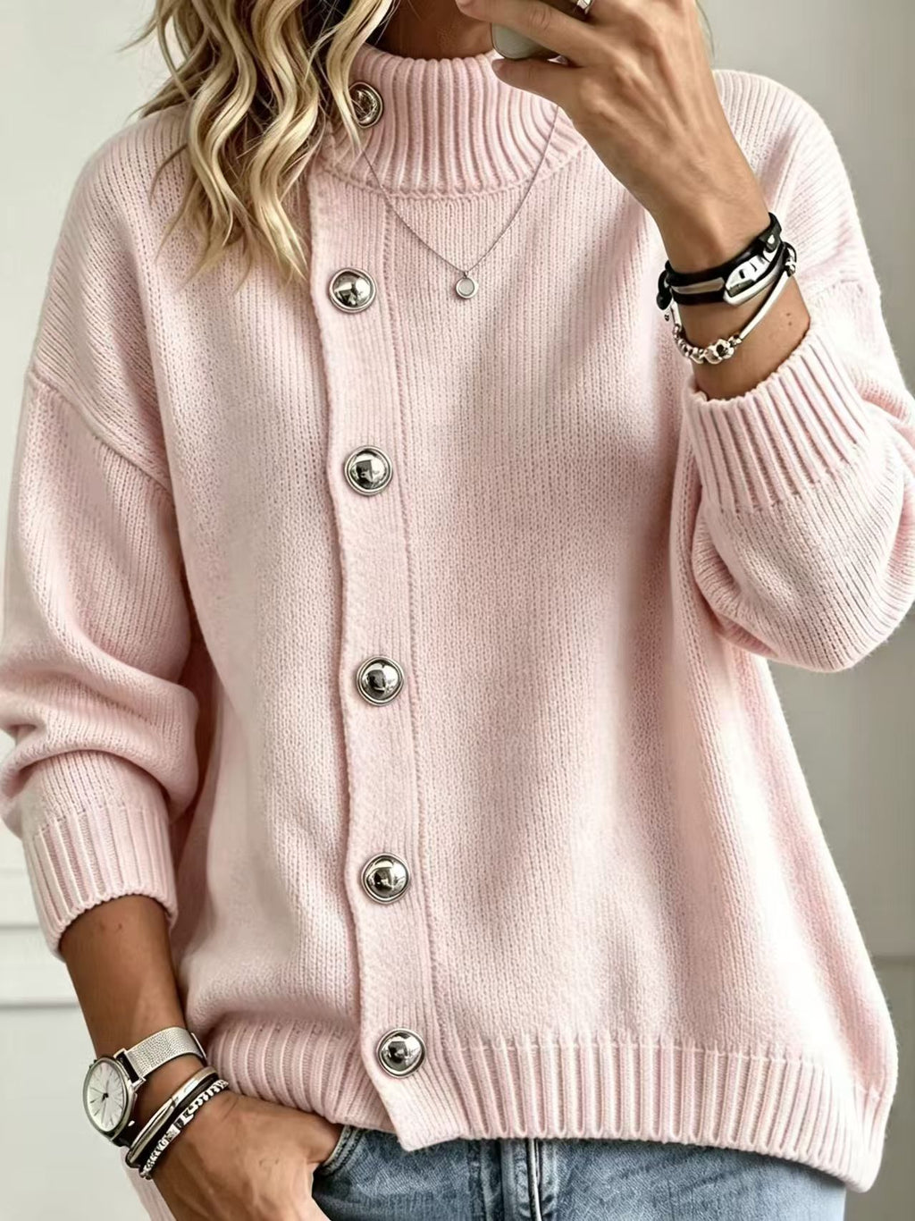 Pullover Damen mit Stehkragen und Knopfdetails - J&B - 7 - Jasminaboutique.com