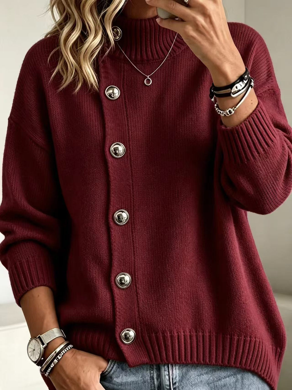 Pullover Damen mit Stehkragen und Knopfdetails - J&B - 8 - Jasminaboutique.com