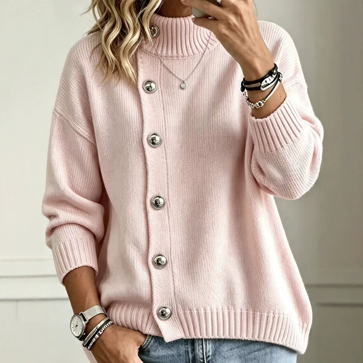 Pullover Damen mit Stehkragen und Knopfdetails - J&B - 9 - Jasminaboutique.com