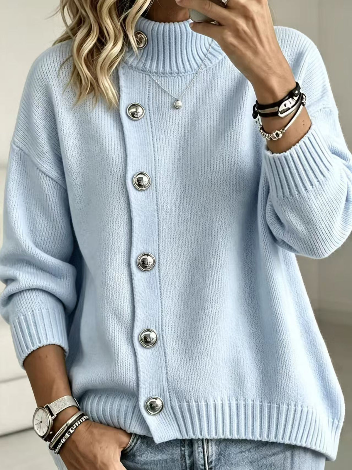Pullover Damen mit Stehkragen und Knopfdetails - J&B - 10 - Jasminaboutique.com