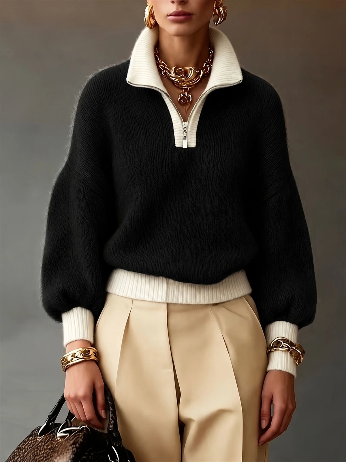 Pullover Damen mit Stehkragen und Reißverschluss - J&B - 1 - Jasminaboutique.com