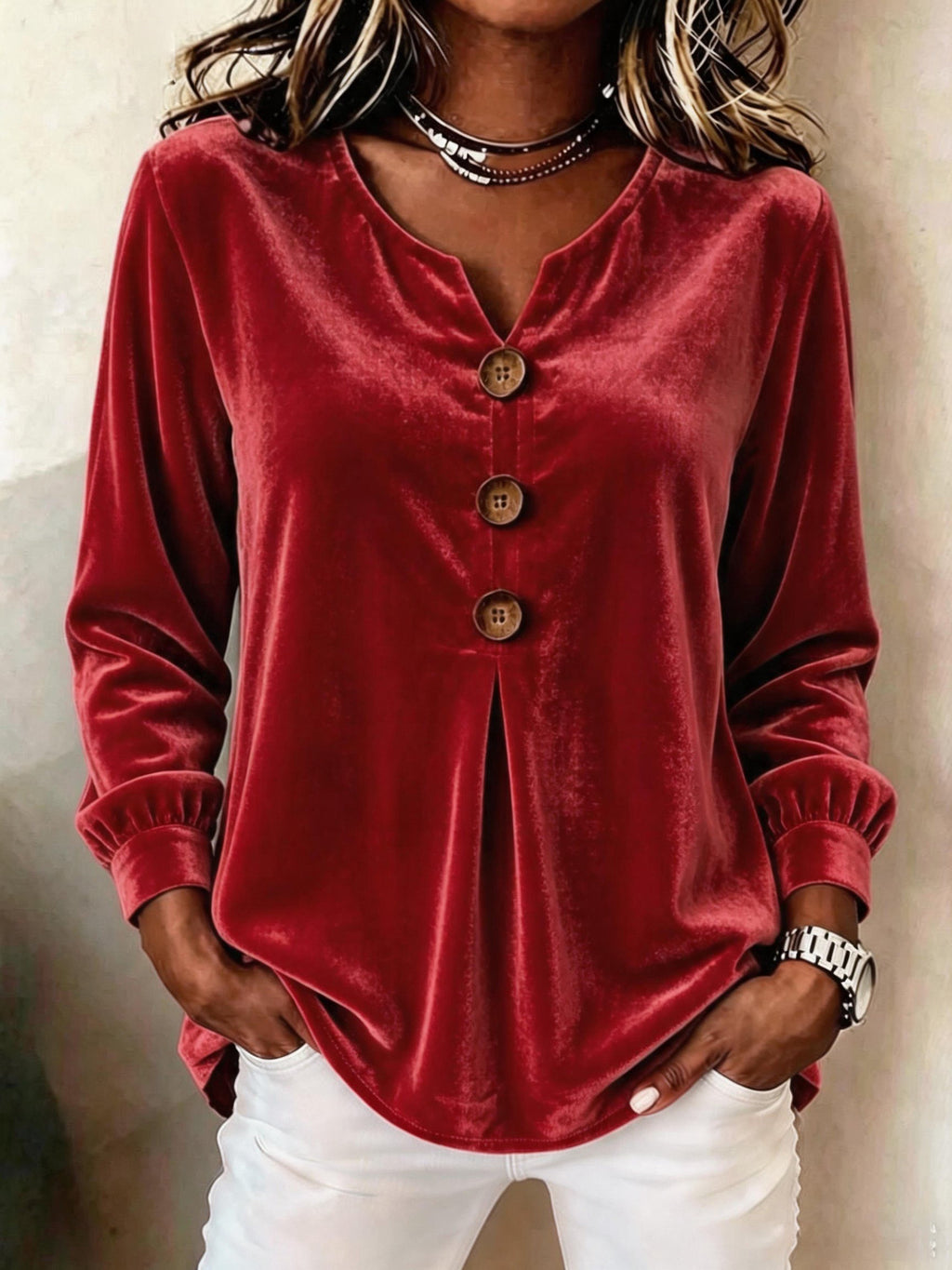 Bluse Damen mit V-Ausschnitt und Knopfdetails - J&B - 2 - Jasminaboutique.com