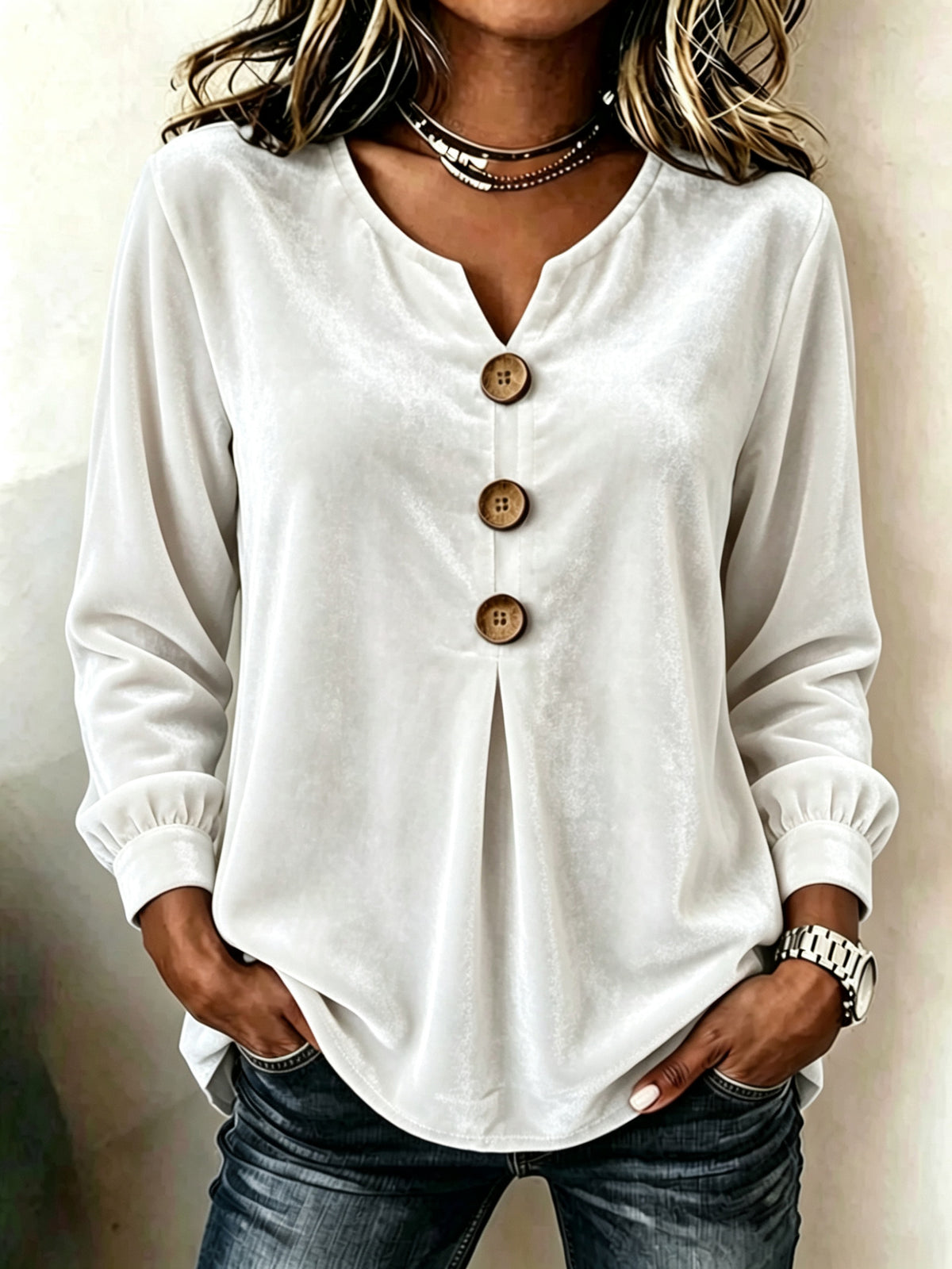 Bluse Damen mit V-Ausschnitt und Knopfdetails - J&B - 7 - Jasminaboutique.com