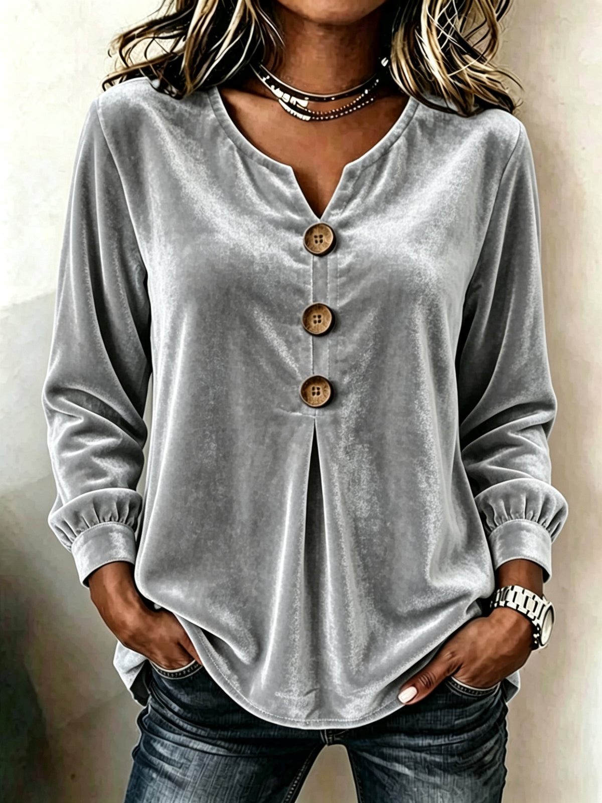 Bluse Damen mit V-Ausschnitt und Knopfdetails - J&B - 9 - Jasminaboutique.com