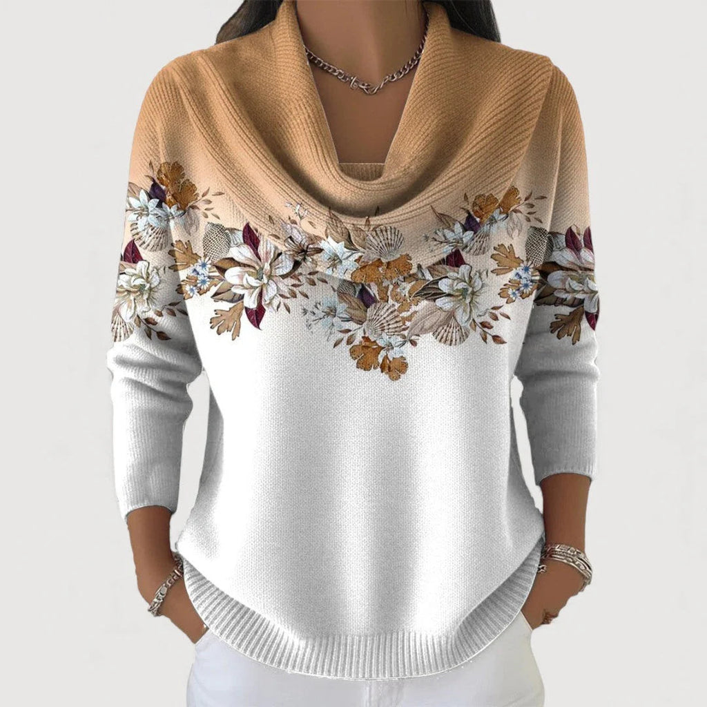 Pullover Damen mit drapiertem Halsausschnitt und floralem Design - J&B - 1 - Jasminaboutique.com